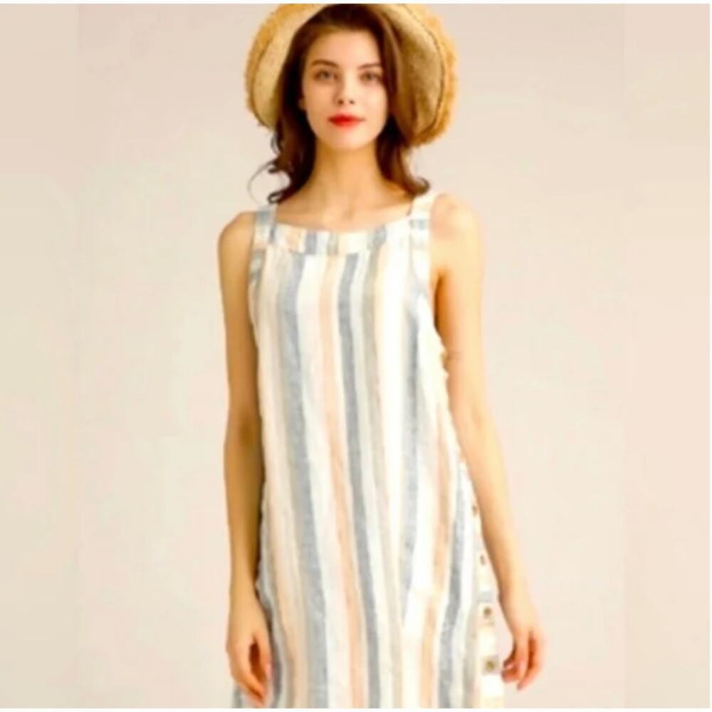 For Cynthia Linen Striped Jumper Sleeveless Beach Dress, Small